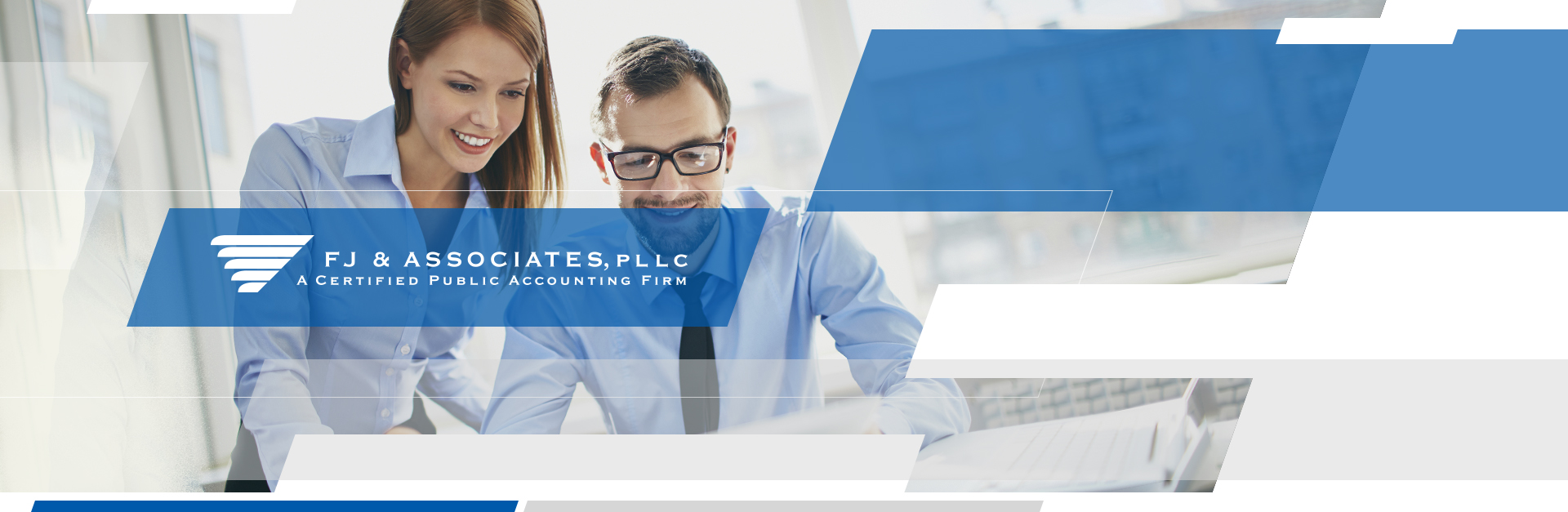 FJ & Associates logo with two professionals collaborating on tax planning in a bright office setting, emphasizing personalized tax preparation services.