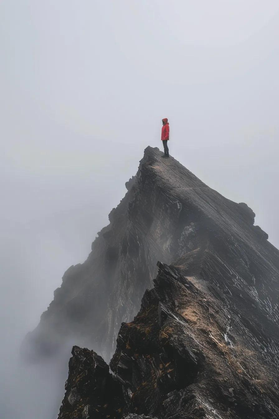 Person in red jacket standing on a rocky mountain peak surrounded by fog, symbolizing clarity and decision-making in financial management.