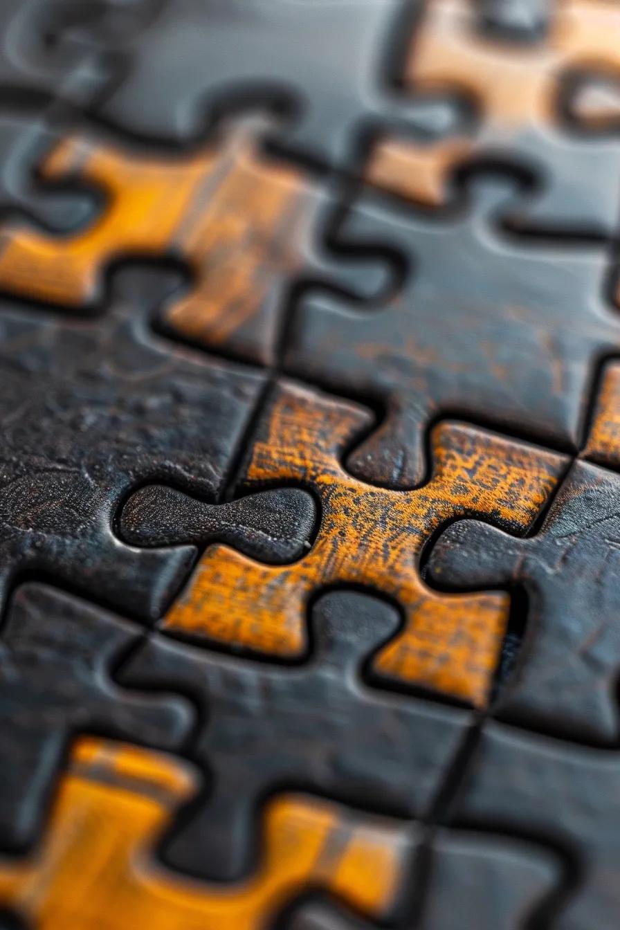 Close-up of interlocking puzzle pieces with a focus on a black and orange pattern, symbolizing the complexity and simplicity in bookkeeping and financial categorization.