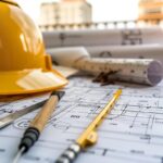 Construction helmet and drafting tools on blueprints, symbolizing project management and job costing for small businesses in Utah.