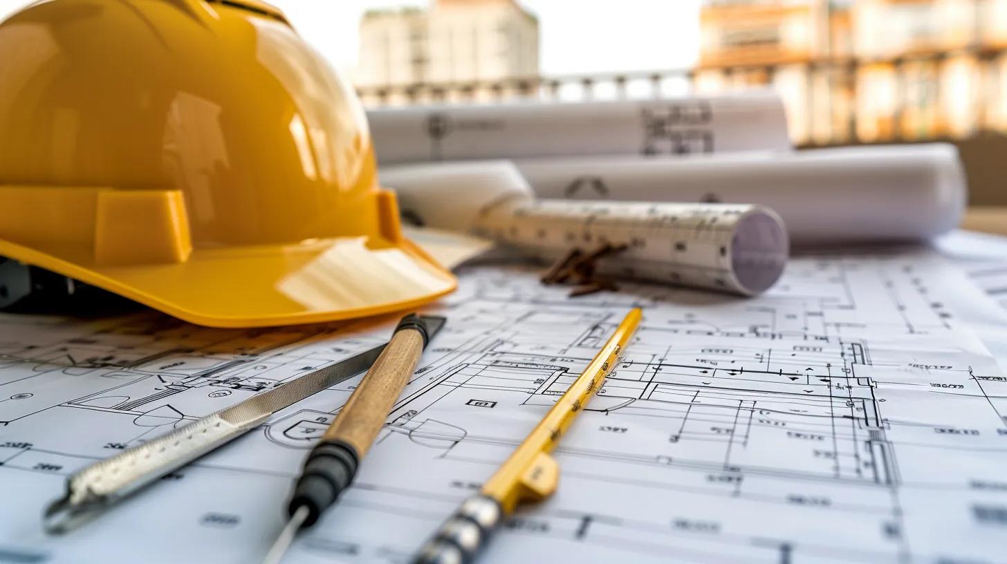 Yellow hard hat on blueprints with construction tools, emphasizing job costing and project management for small businesses in construction and remodeling.