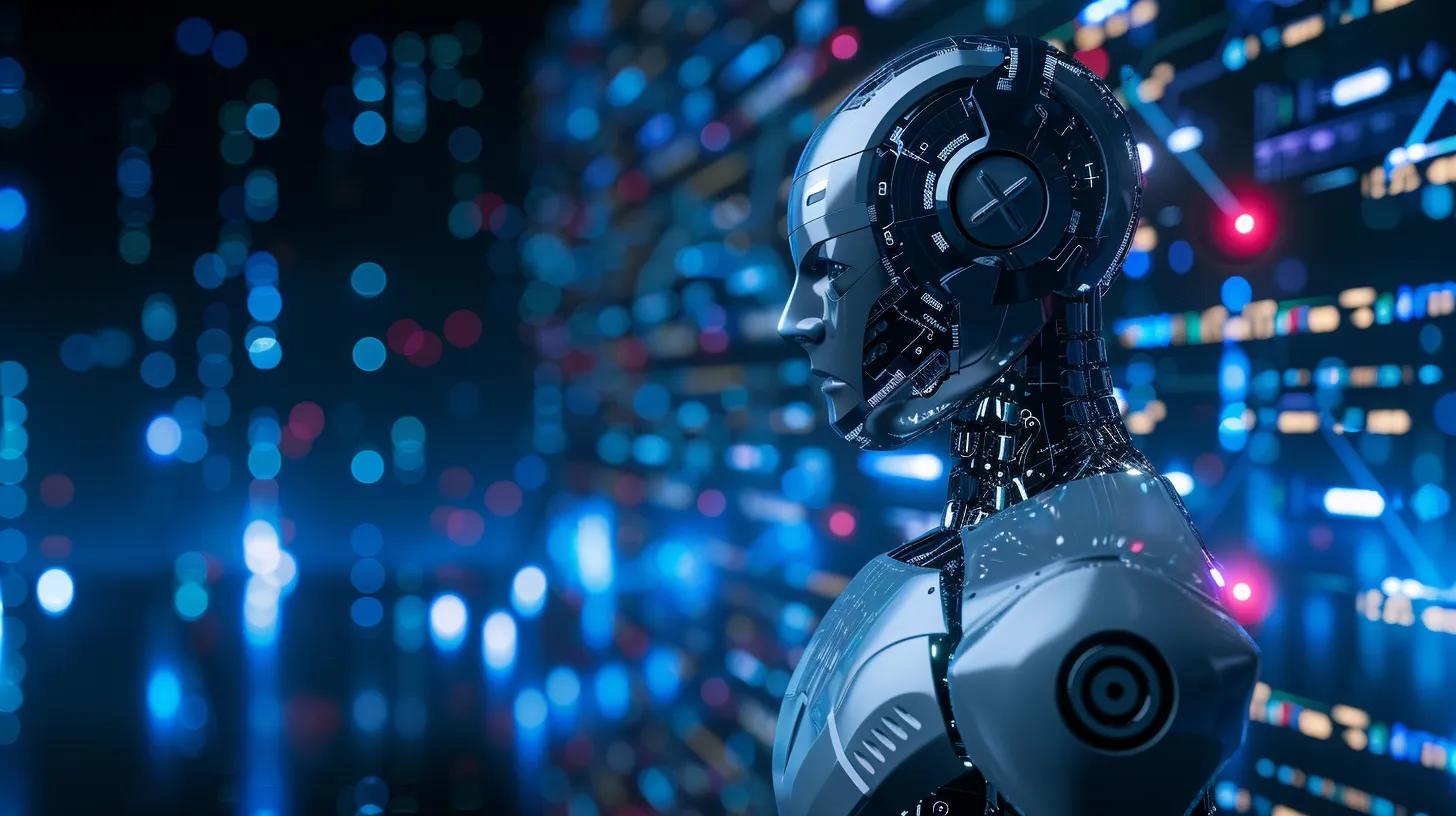 Robot head and shoulder against a backdrop of glowing blue and red digital data streams, symbolizing the integration of AI in accounting and business productivity.
