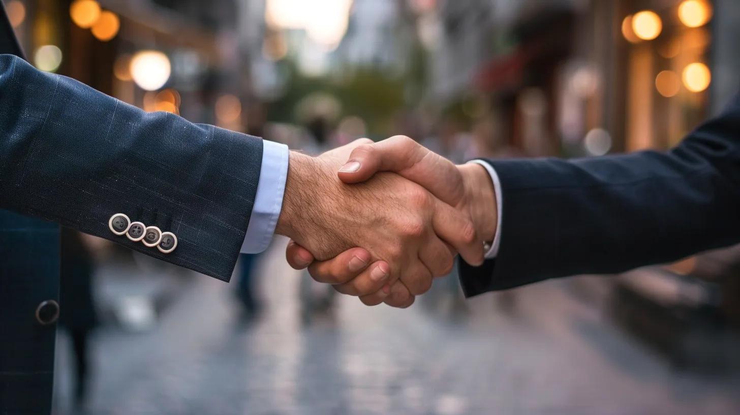 Hands shaking in a business context, symbolizing partnership and collaboration, with a blurred city street background.