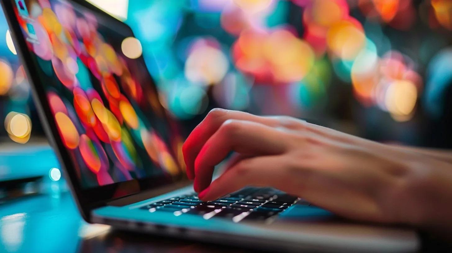 Person typing on a laptop with colorful bokeh background, illustrating the digital tools for small business accounting software selection.