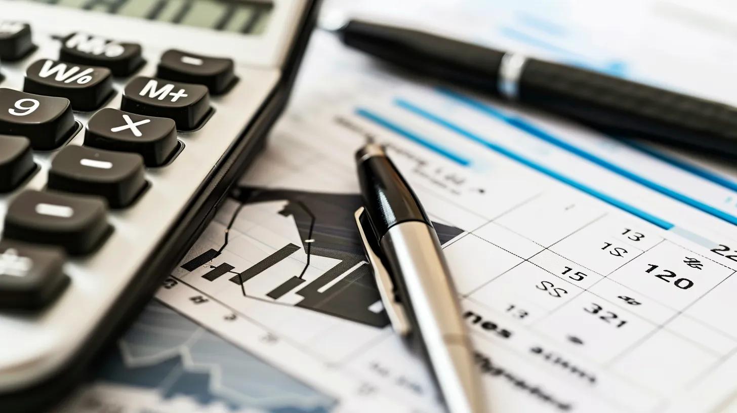 Calculator and pen on financial documents with graphs and data, illustrating accounting and reporting for small businesses.