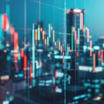 Financial data visualization with stock market trends and city skyline, relevant to small business cash flow forecasting and financial management.