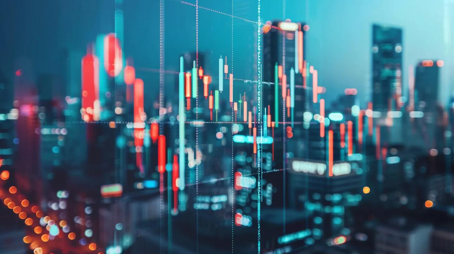 Digital financial graph overlaying a city skyline, illustrating AI-driven business forecasting and cash flow analysis.