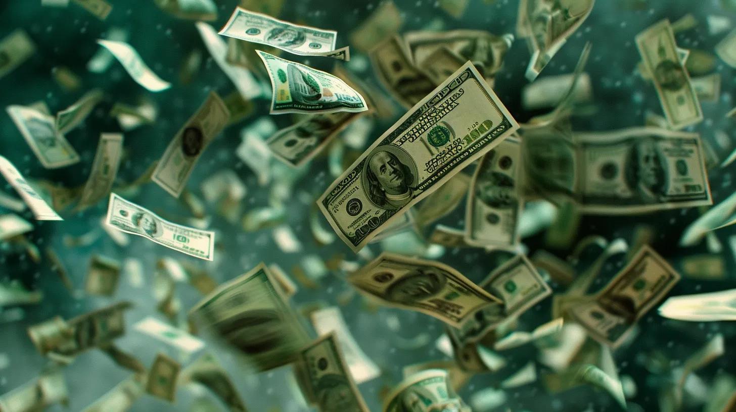 Falling U.S. dollar bills representing cash flow, relevant to AI financial forecasting for small businesses.