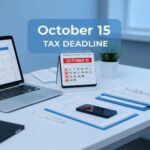 October 15 tax deadline reminder with calendar, laptop, and smartphone on desk, relevant for financial advisory services and tax planning.