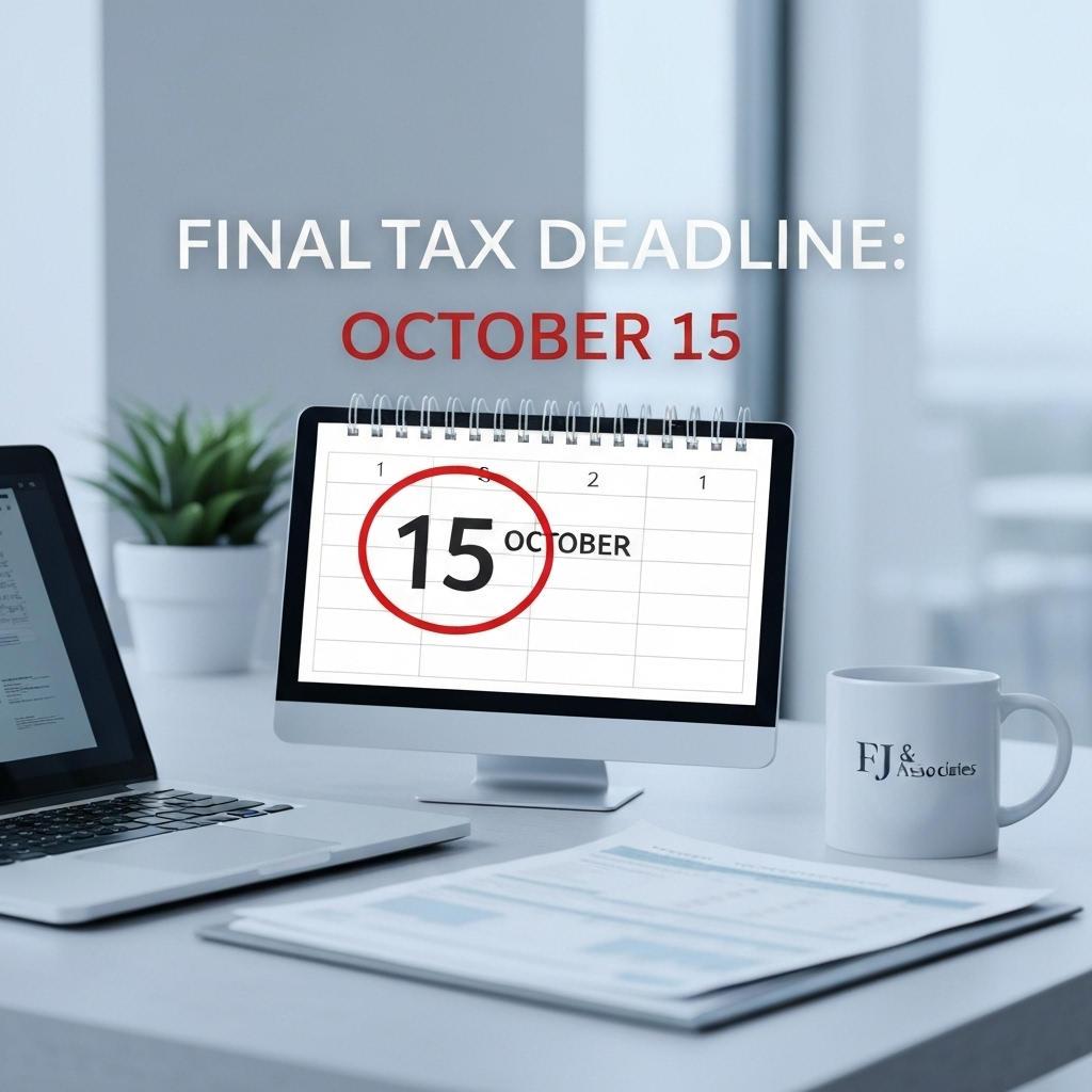 Final tax deadline reminder on a calendar displaying October 15, with a laptop and FJ & Associates coffee mug on a desk, symbolizing tax compliance for businesses with remote employees.
