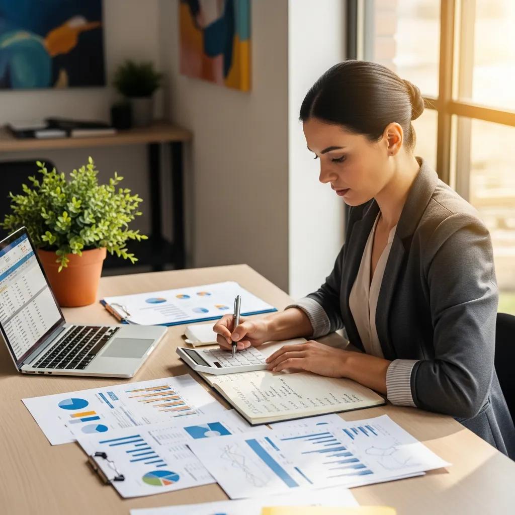 Businesswoman analyzing financial documents and using a calculator at a desk with a laptop and charts, illustrating the efficiency and cost savings of virtual CPA firms.