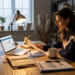 Business owner analyzing financial documents in a cozy office environment