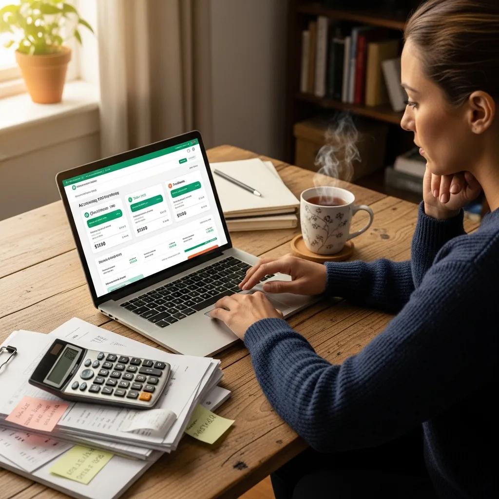 Small business owner analyzing accounting software pricing in a cozy workspace