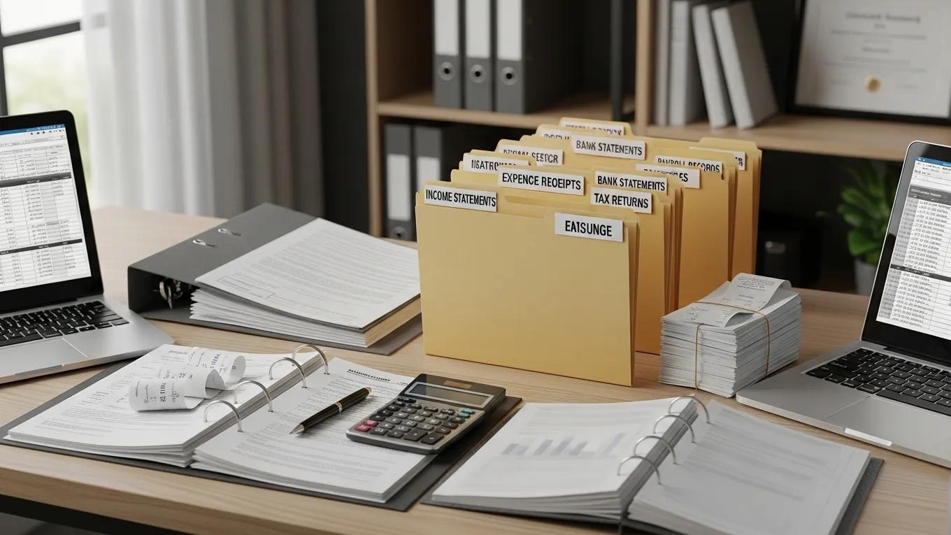 Desktop workspace with organized tax documents, financial folders labeled for IRS audit support, calculators, and laptops displaying spreadsheets, illustrating effective preparation for tax audits.
