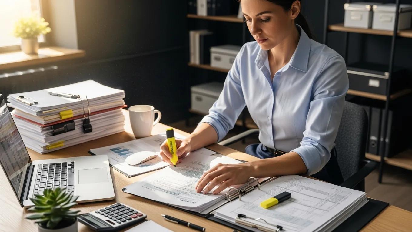 Woman reviewing and highlighting state tax forms on a desk with a laptop, calculator, and paperwork, emphasizing accuracy in tax filing.
