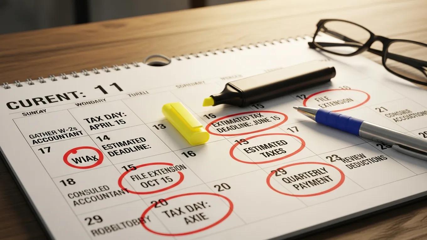 Calendar page highlighting key tax deadlines, including "Tax Day: April 15," "Estimated Tax Deadline: June 15," and "File Extension: Oct 15," with a highlighter and pen, representing essential state tax filing reminders.
