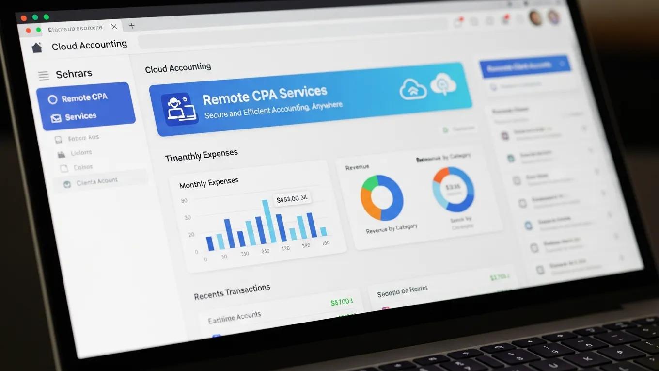 Cloud accounting dashboard displaying remote CPA services, monthly expenses chart, and revenue by category visualizations.