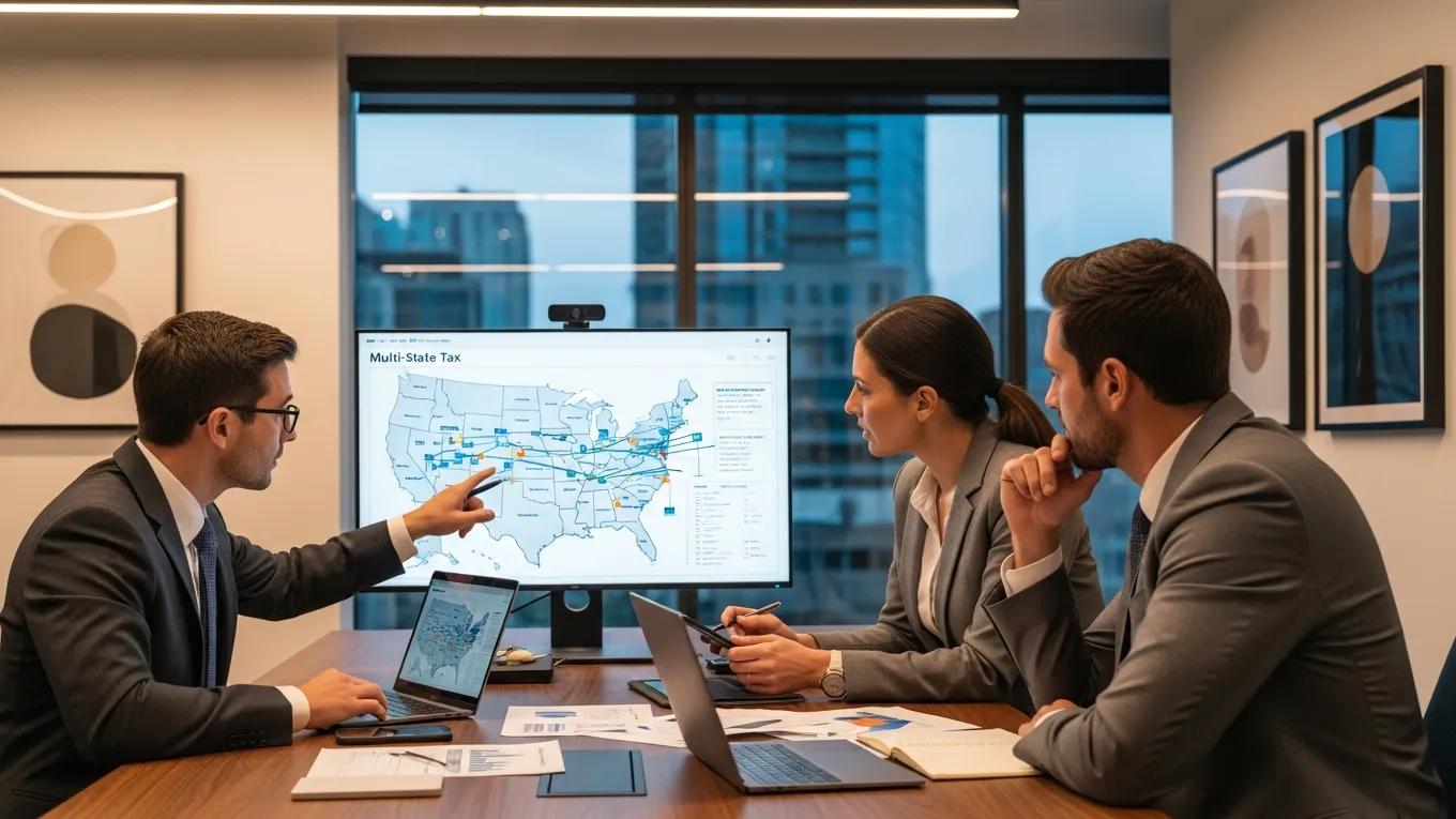 Business professionals discussing tax compliance strategies in a modern office, highlighting multi-state tax obligations