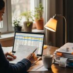 Business owner preparing tax documents at a cozy desk with a laptop and coffee