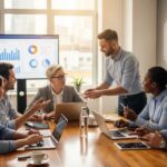 Diverse team of licensed accountants collaborating in a warm office environment, representing virtual CPA services