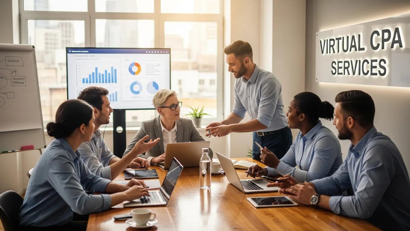 Team collaborating in a modern office setting, discussing virtual CPA services, with laptops and data charts displayed on a screen.