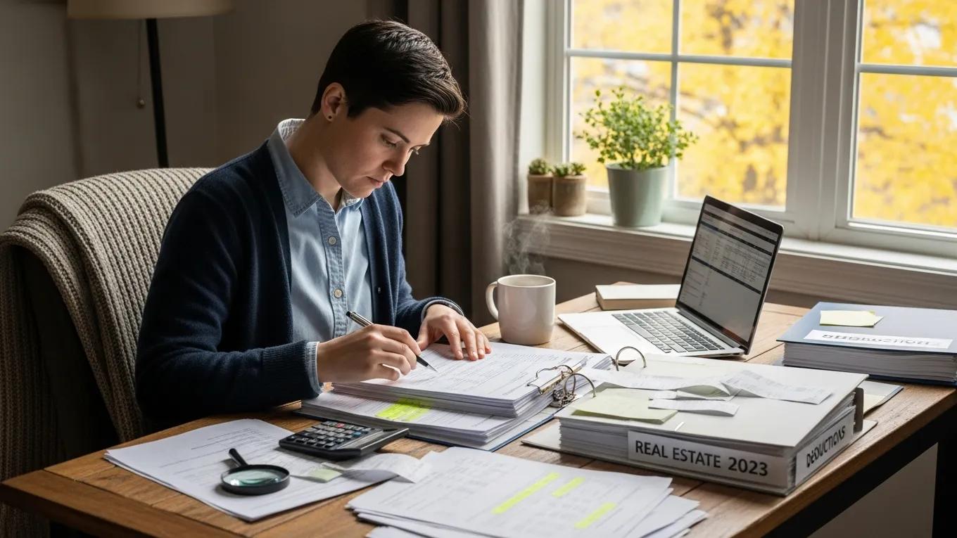 Person analyzing tax documents and financial statements for real estate investments, with a laptop, calculator, and binders labeled "Real Estate 2023" and "Deductions" on a wooden desk.