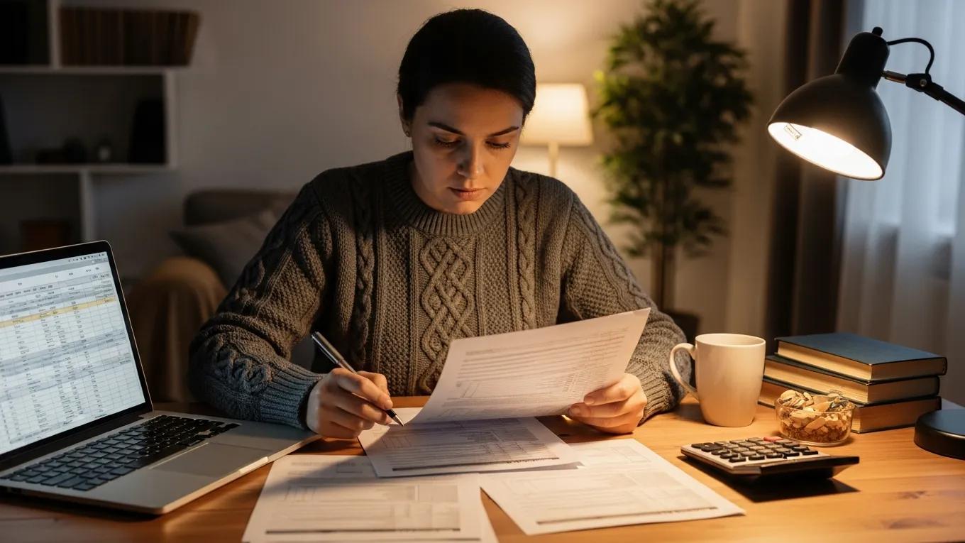Individual reviewing tax deductions and credits at a cozy desk