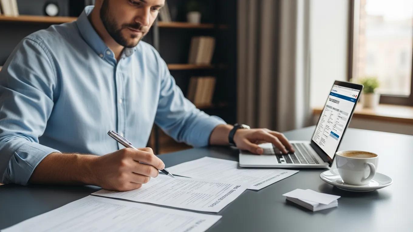 Business owner completing tax registration forms at a desk with a laptop