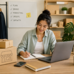 Person working at a desk with a laptop, notebook, and shipping boxes, illustrating tax preparation and business planning for entrepreneurs.
