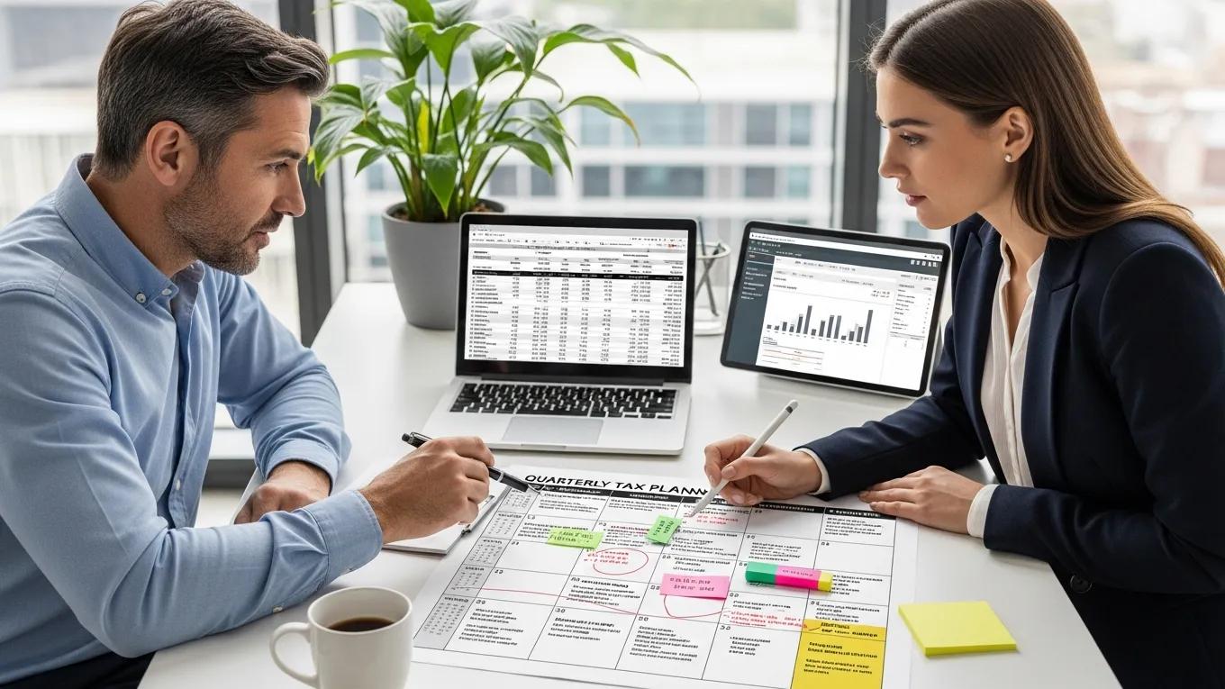 Business owner and CPA reviewing a quarterly tax planning calendar for optimized tax outcomes