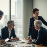 Business professionals discussing advanced tax planning strategies in a modern office setting