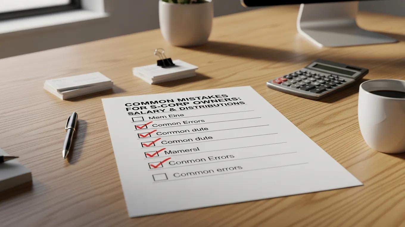 Checklist of common mistakes for S-Corp owners regarding salary and distributions on a desk