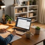 Cozy home office scene with a person reviewing investment documents and a laptop