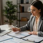 Business owner at a desk reviewing S-Corp tax strategies with financial documents and a laptop