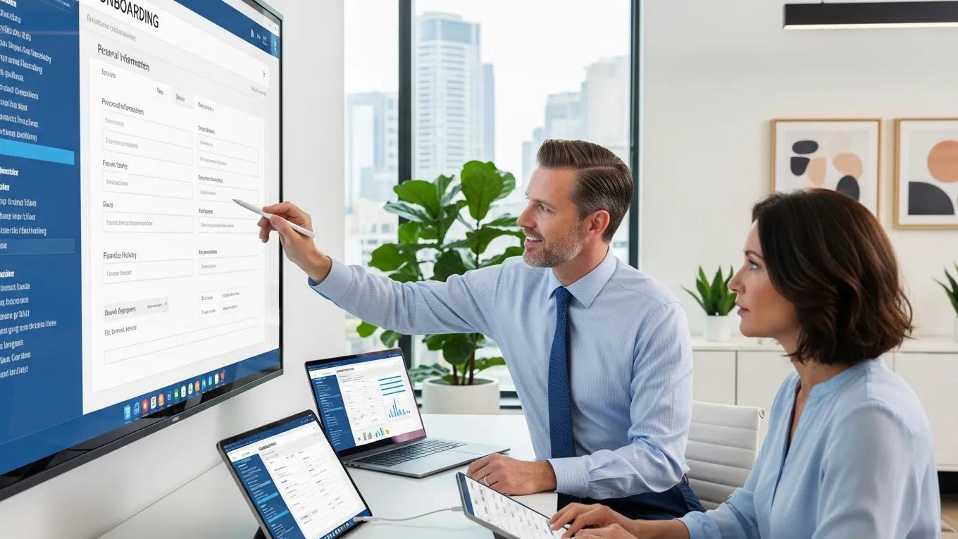 CPA using technology to enhance the client onboarding workflow in a modern office