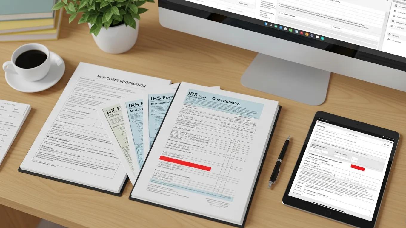 Essential client intake documents including forms and tax returns on a desk
