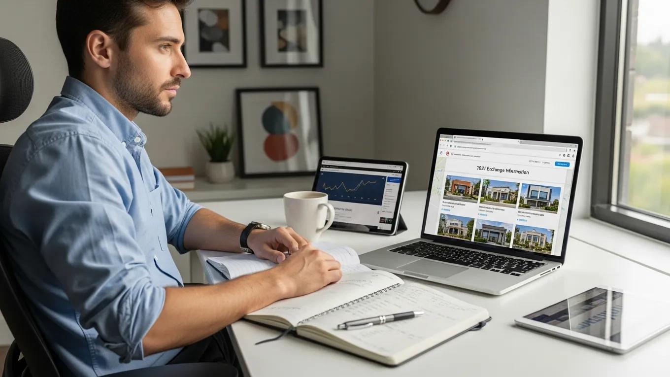 Person reviewing 1031 exchange information on a laptop, with a tablet displaying a financial graph and a notebook for notes, in a modern home office setting.