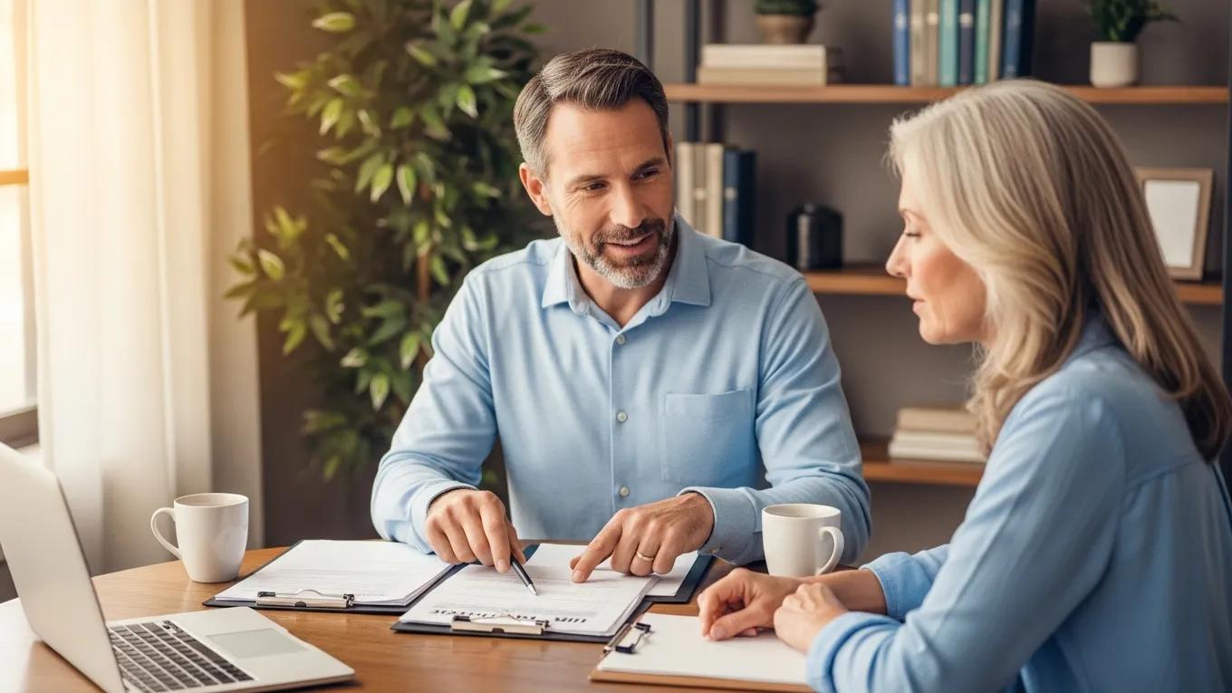 Professional consultation between a man and a woman discussing IRS audit documents at a desk with a laptop and coffee mugs, emphasizing the importance of professional IRS audit support.