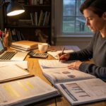 Cozy workspace with a person reviewing tax documents and financial plans