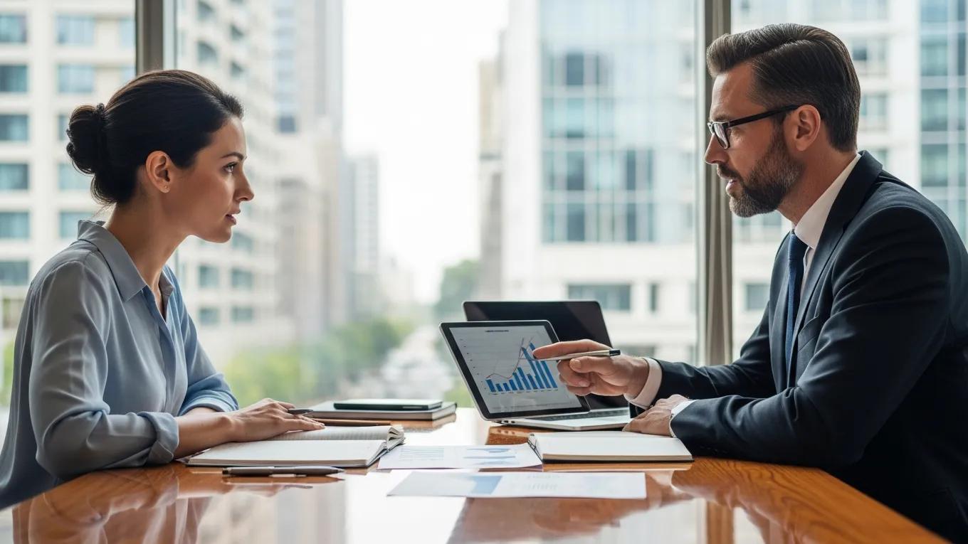 Small business owner consulting with an outsourced CFO about financial strategies