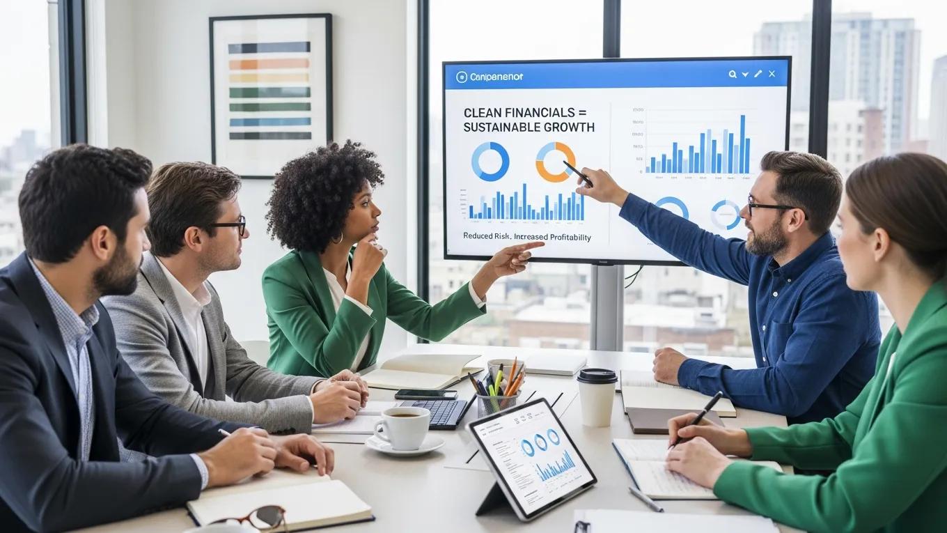 Business meeting discussing clean financials and sustainable growth, with a presentation showing graphs and data on financial performance, highlighting reduced risk and increased profitability.