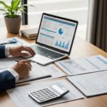 Business professional engaged in proactive tax planning with financial documents and a laptop