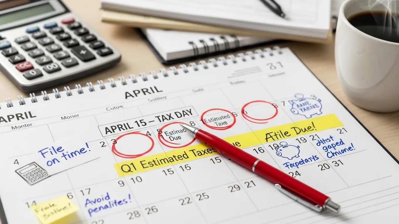 Calendar with marked tax deadlines, emphasizing the importance of timely filing