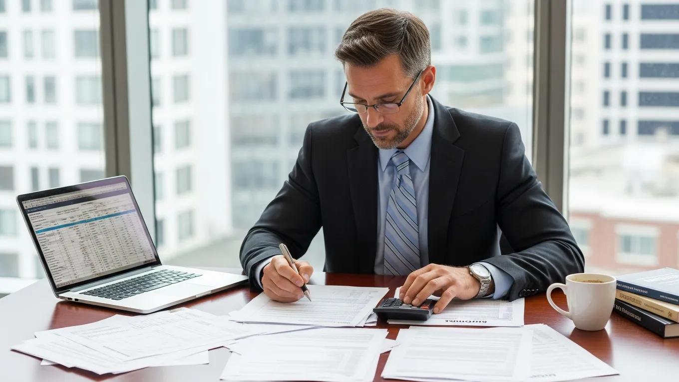 Business professional analyzing financial documents for tax reduction strategies