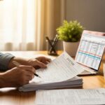 Business owner reviewing state tax documents at a cozy desk with a laptop and coffee