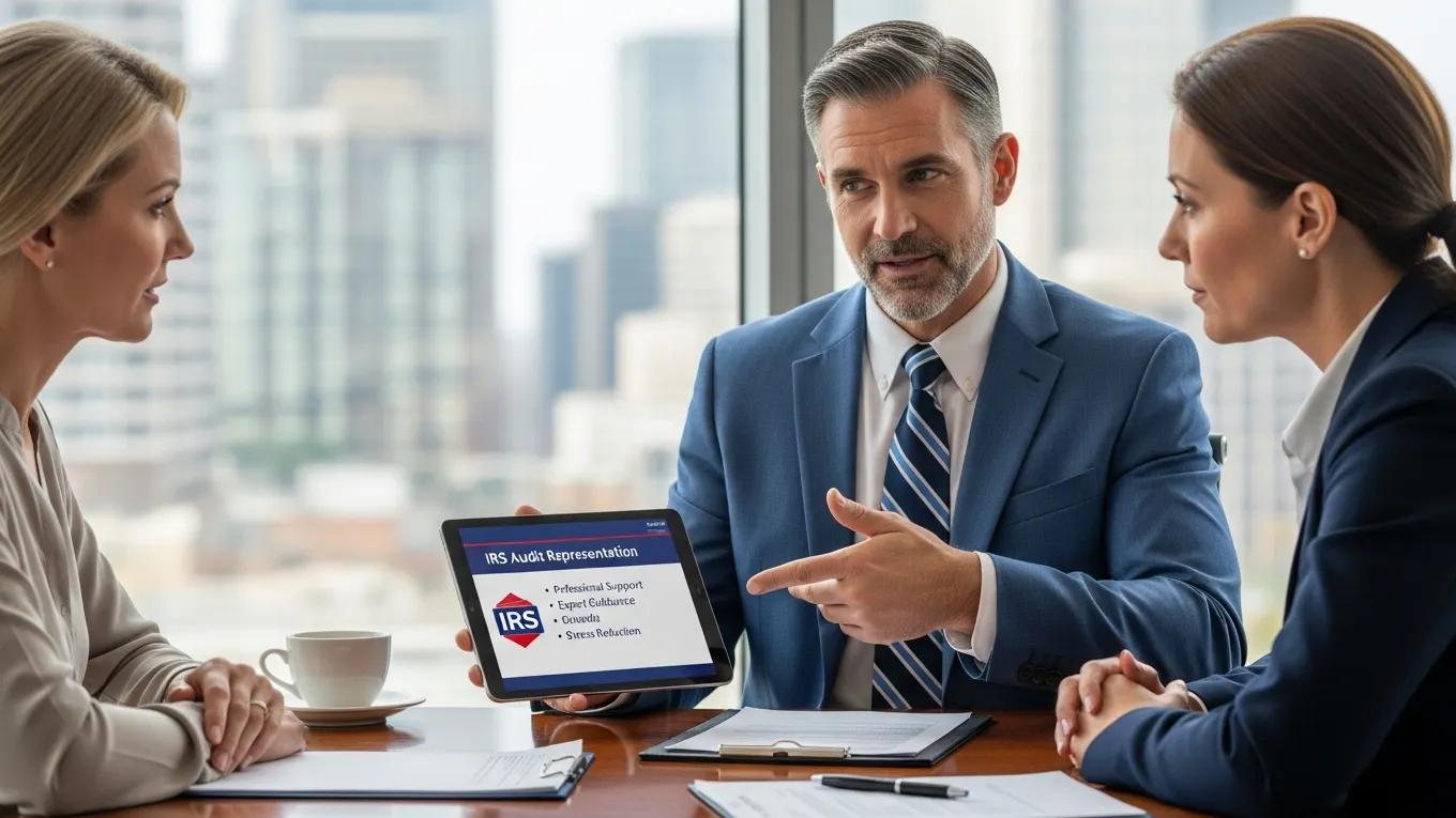 Professional discussing IRS audit representation with two clients, showing tablet displaying "IRS Audit Representation" and key benefits: professional support, expert guidance, advocacy, stress reduction.