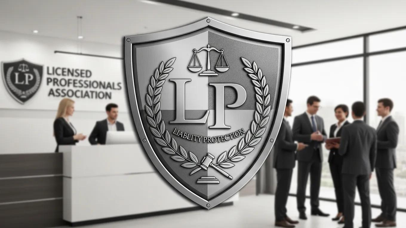 Licensed Professionals Association logo featuring "LP" and "Liability Protection," with professionals in business attire discussing in a modern office setting.