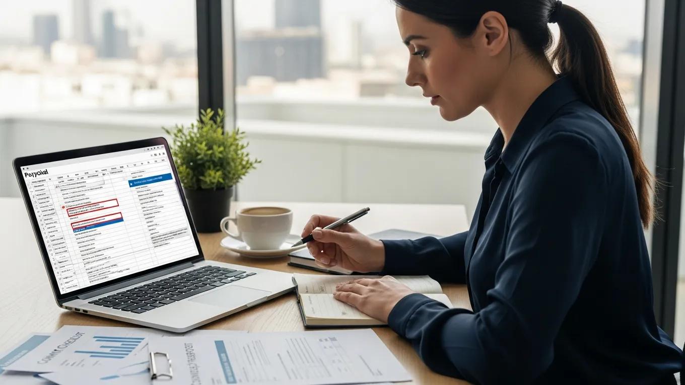 Business owner reviewing payroll compliance documents on a laptop