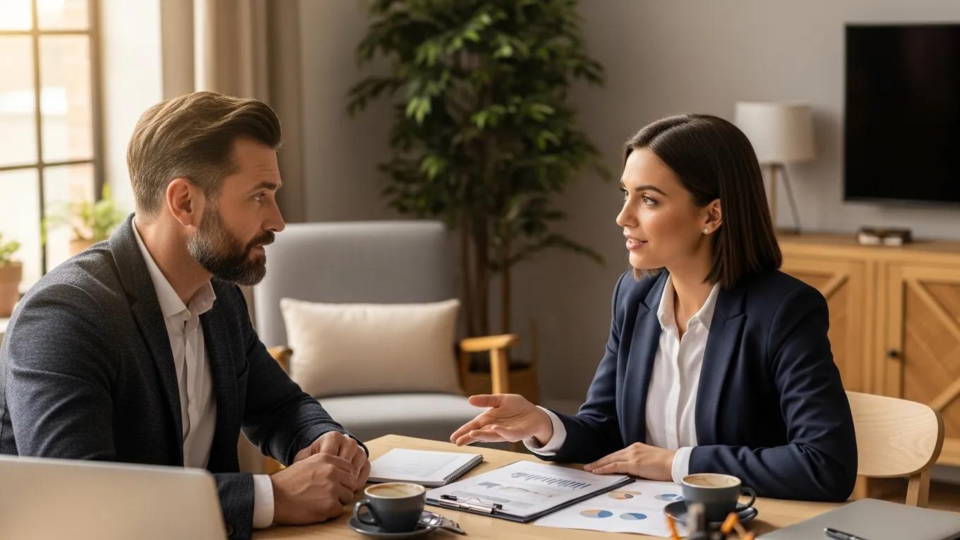 Business meeting between a man and a woman discussing financial documents, with a laptop and coffee on the table, in a professional office setting.