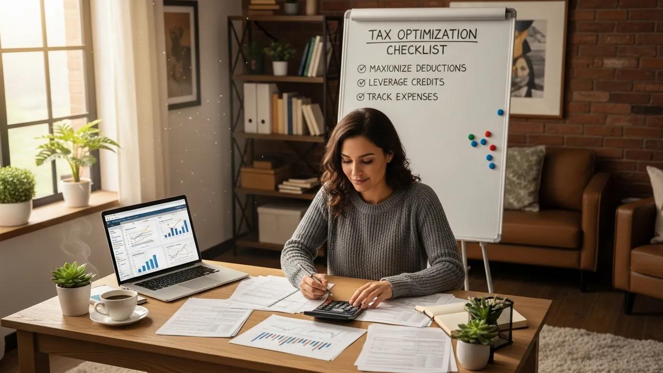 Small business owner reviewing tax documents in a cozy home office, illustrating effective tax optimization methods